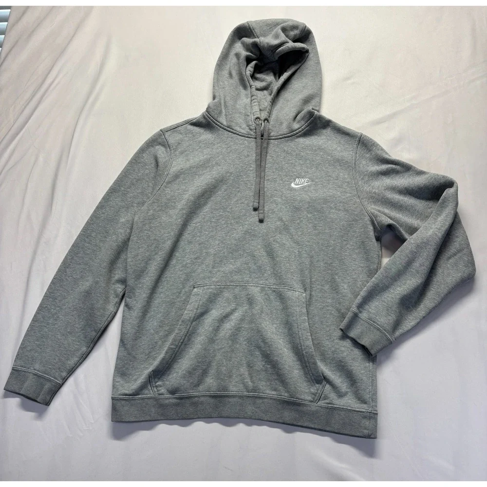 Nike Club Fleece Hoodie Mens Large‎ Heather Gray Embroidered Logo Gym Training